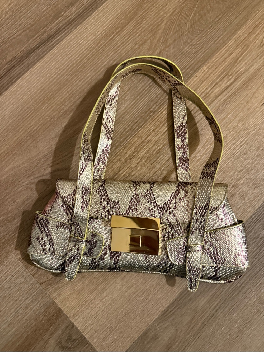 Women’s Snake-Print Shoulder Bag in Beige with Gold Hardware